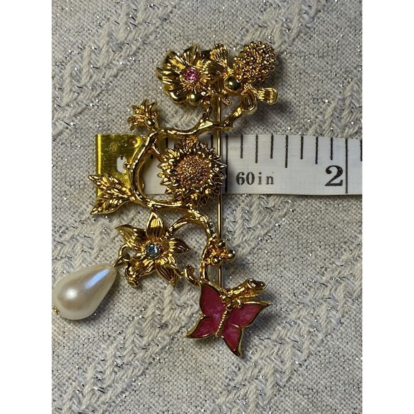 Vintage Avon Brooch Enamel Butterfly Pearl Dangle Gold Tone Bee Flowers 4119 - Picture 9 of 9